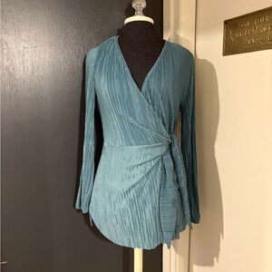 💜 Zara Teal Wrap Top in Plisse Pleated Fabric with Tie at Waist🐻
